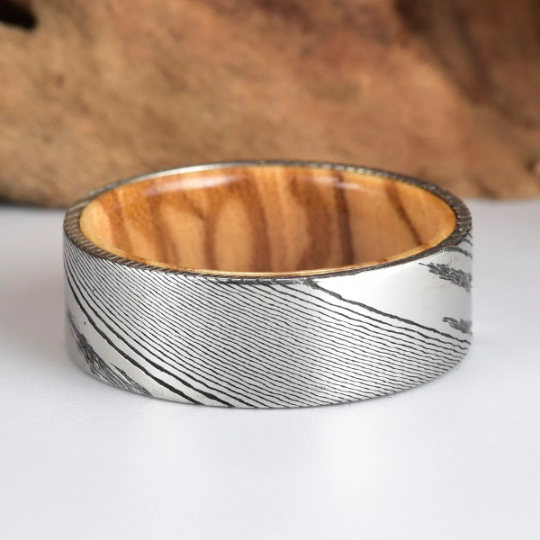 Damascus Olive Wood Men's Wedding Band 8MM - PRISTINE RINGS