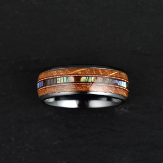 Tungsten Abalone Guitar String Whiskey Barrell Men's Wedding Band 8MM - PRISTINE RINGS