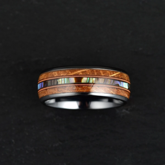 Tungsten Abalone Guitar String Whiskey Barrell Men's Wedding Band 8MM