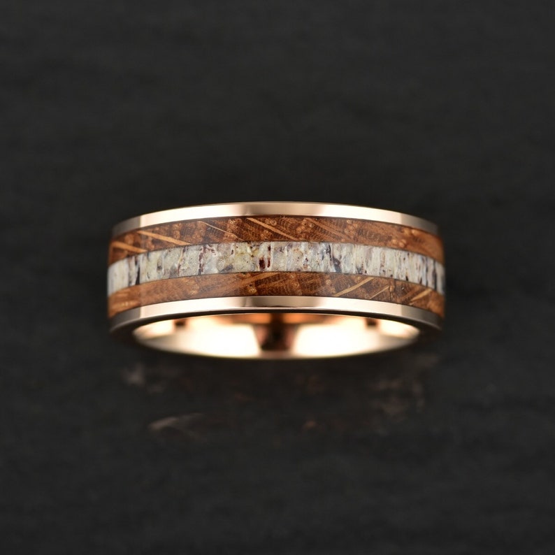 Rose Tungsten Whiskey Barrel Antler Men's Wedding Band 8MM - PRISTINE RINGS
