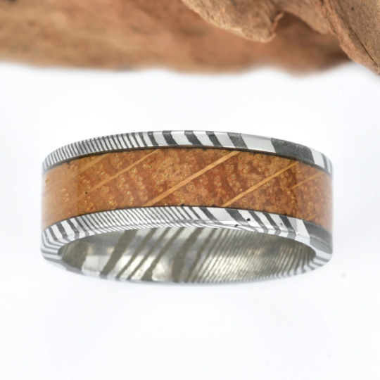Damascus Whiskey Barrel Wood Men's Wedding Band 8MM - PRISTINE RINGS