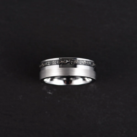 Two Tone Black Tungsten Meteorite Men's Wedding Band 8MM - PRISTINE RINGS
