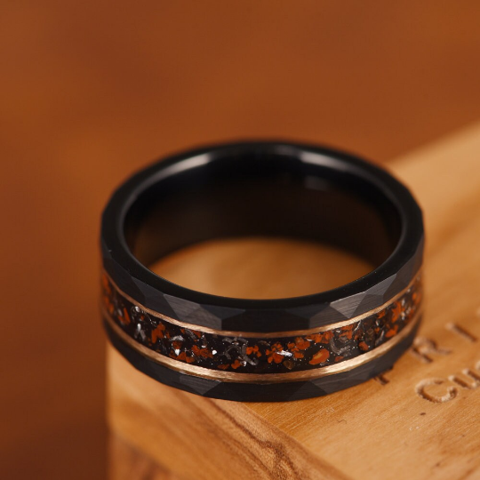 Black Hammered Tungsten Dinosaur Bone and Meteorite Men's Wedding Band 8MM - PRISTINE RINGS