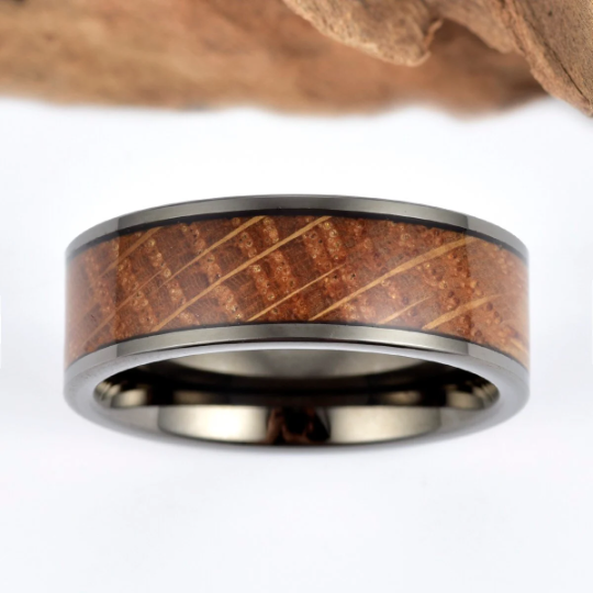 Black Ceramic Whiskey Barrel Wood Antique Finish Men's Wedding Band 8MM - PRISTINE RINGS
