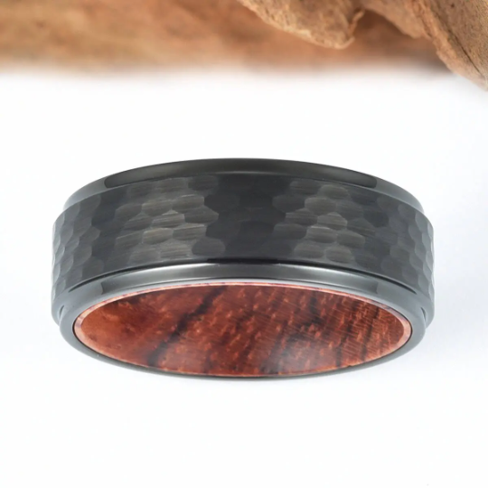 Rose Wood Hammered Black Tungsten Men's Wedding Band 8MM - PRISTINE RINGS