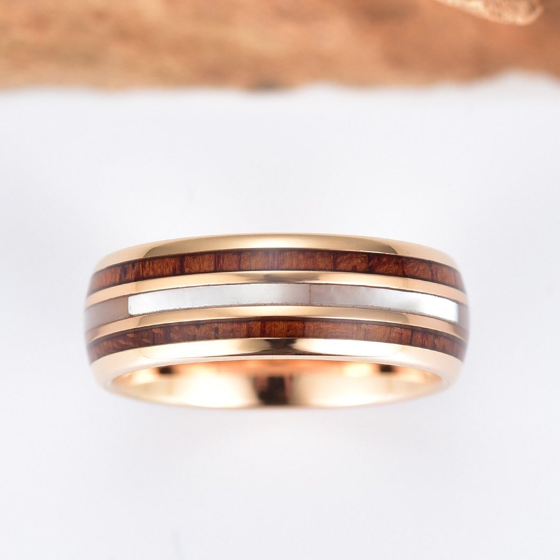 Rose Tungsten Koa Wood Pearl Men's Wedding Band 8MM - PRISTINE RINGS