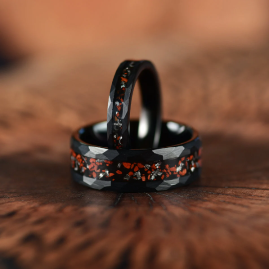 Black Hammered Tungsten Dinosaur Bone and Meteorite Women's Wedding Band 4MM - PRISTINE RINGS