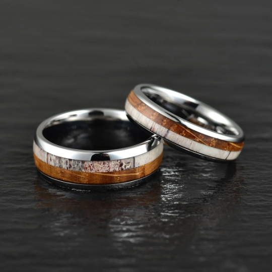 Tungsten Antler Whiskey Barrel Wood Men's Wedding Band 8MM - PRISTINE RINGS