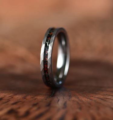 Grey Hammered Tungsten Dinosaur Bone and Meteorite Women's Wedding Band 4MM - PRISTINE RINGS