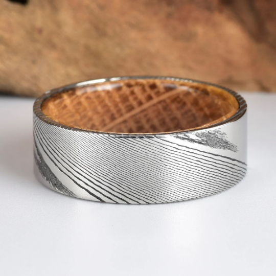Damascus Whiskey Barrel Men's Wedding Band 8MM - PRISTINE RINGS