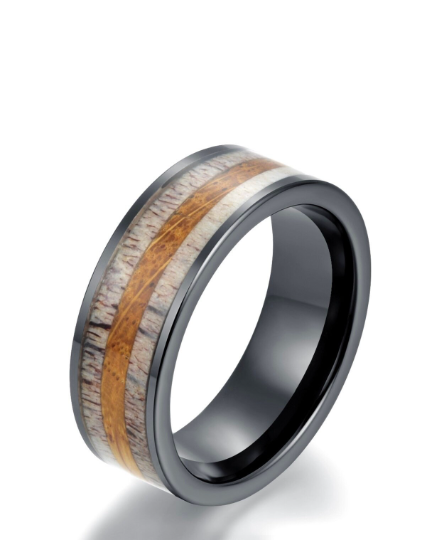 Black Ceramic White Oak Antler Inlay Men's Wedding Band - PRISTINE RINGS