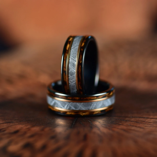 Black Tugsten Charred Whiskey Inlay Meteorite Men's Wedding Band - PRISTINE RINGS