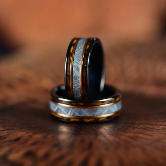 Black Tugsten Charred Whiskey Inlay Meteorite Men's Wedding Band