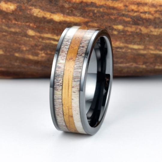 Black Ceramic White Oak Antler Inlay Men's Wedding Band - PRISTINE RINGS