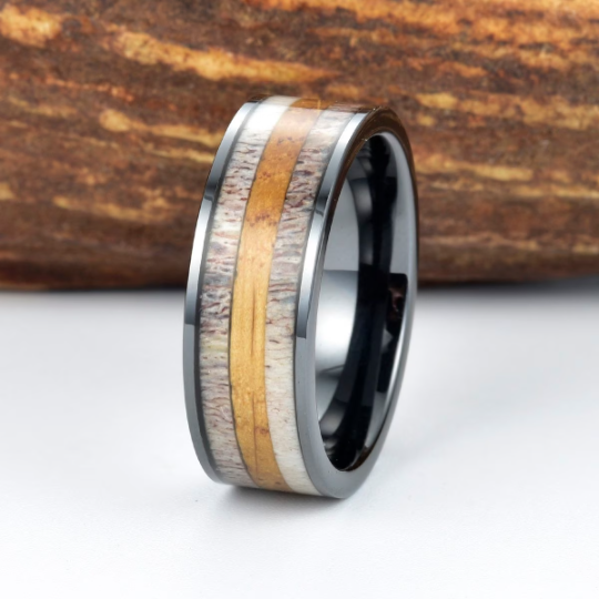 Black Ceramic White Oak Antler Inlay Men's Wedding Band