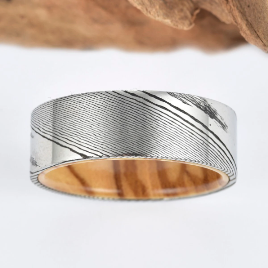 Damascus Olive Wood Men's Wedding Band 8MM - PRISTINE RINGS