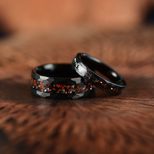 Black Hammered Tungsten Dinosaur Bone and Meteorite Women's Wedding Band 4MM - PRISTINE RINGS