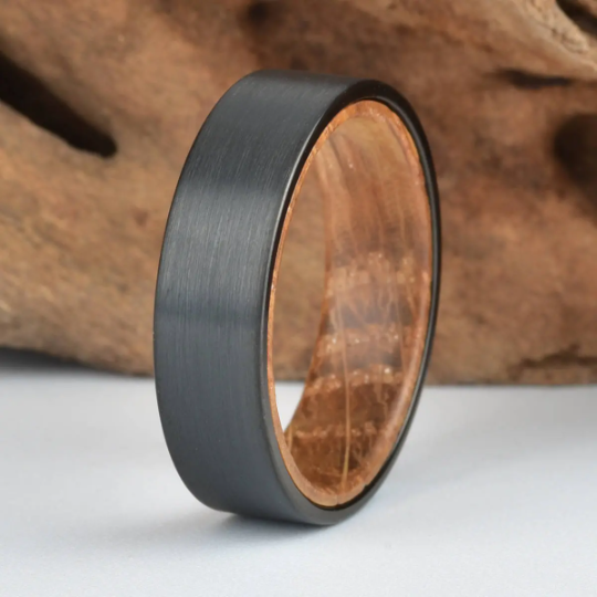 Black Tungsten Whiskey Barrel Inlay Men's Wedding Band 6MM - PRISTINE RINGS