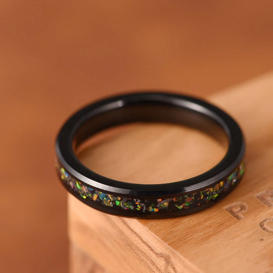 Black Tungsten Crushed Opal Women's Wedding Band 4MM - PRISTINE RINGS