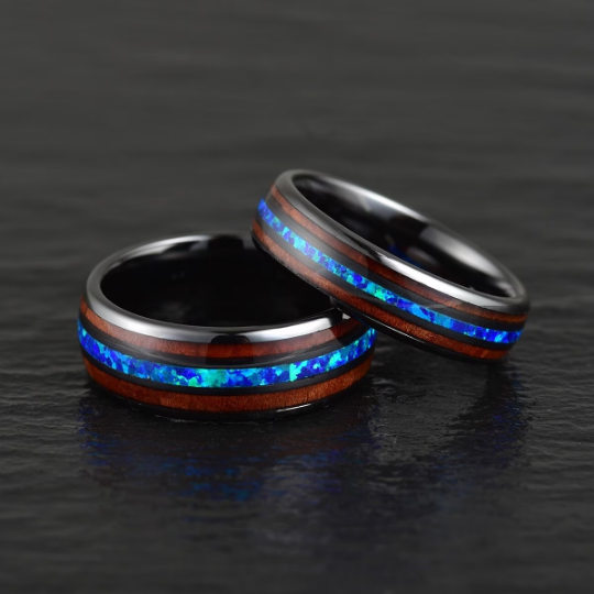 Black Ceramic Koa Wood Blue Opal Men's Wedding Band 8MM - PRISTINE RINGS