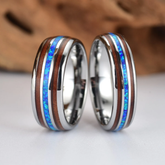Grey Tungsten Koa Wood Blue Opal Women's Wedding Band 4MM - PRISTINE RINGS