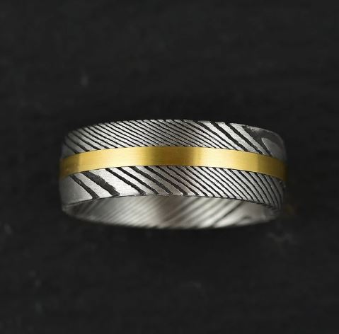 Damascus Steel Yellow Inlay Men's Wedding Band 8MM - PRISTINE RINGS