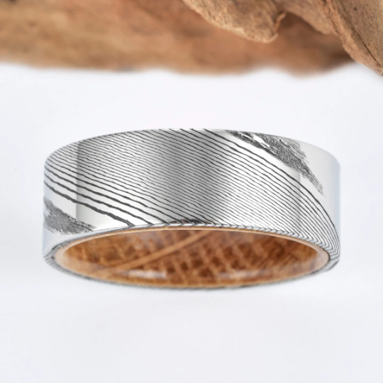 Damascus Whiskey Barrel Men's Wedding Band 8MM - PRISTINE RINGS