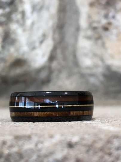 Black Ceramic Koa Wood Guitar String Men's Wedding Band 8MM - PRISTINE RINGS