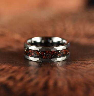 Grey Hammered Tungsten Dinosaur Bone and Meteorite Men's Wedding Band 8MM - PRISTINE RINGS