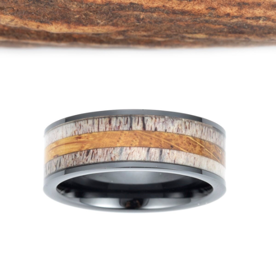 Black Ceramic White Oak Antler Inlay Men's Wedding Band - PRISTINE RINGS
