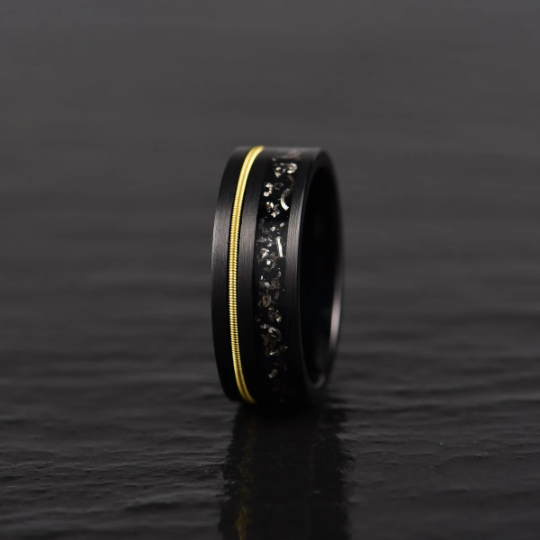 Crushed Meteorite Yellow Guitar String Men's Wedding Band 8MM - PRISTINE RINGS