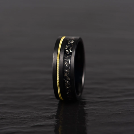 Crushed Meteorite Yellow Guitar String Men's Wedding Band 8MM