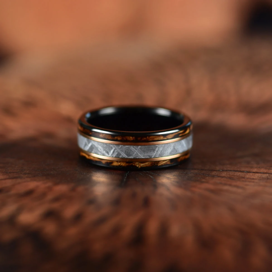 Black Tugsten Charred Whiskey Inlay Meteorite Men's Wedding Band - PRISTINE RINGS