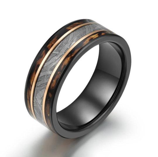 Black Tugsten Charred Whiskey Inlay Meteorite Men's Wedding Band - PRISTINE RINGS