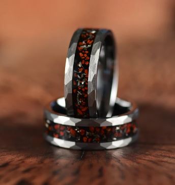 Grey Hammered Tungsten Dinosaur Bone and Meteorite Men's Wedding Band 8MM - PRISTINE RINGS