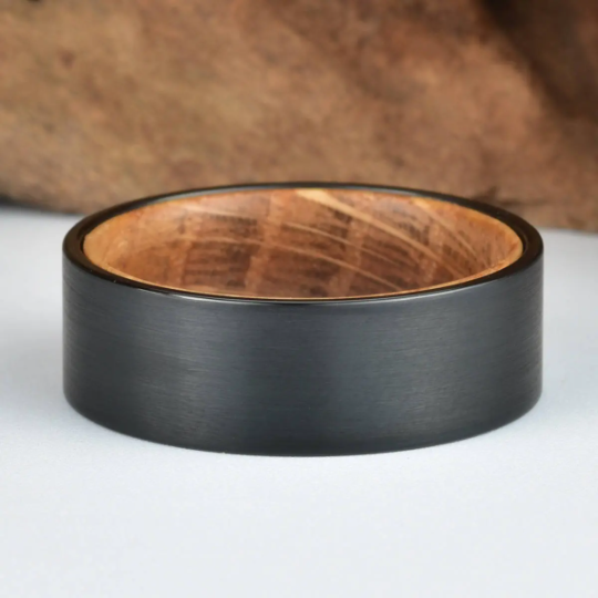 Black Tungsten Whiskey Barrel Inlay Men's Wedding Band 8MM - PRISTINE RINGS