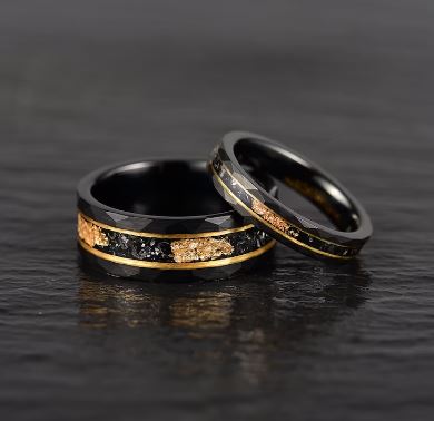 Gold Foil Tungsten and Meteorite Couples Wedding Band Set - PRISTINE RINGS