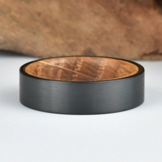 Black Tungsten Whiskey Barrel Inlay Men's Wedding Band 6MM - PRISTINE RINGS