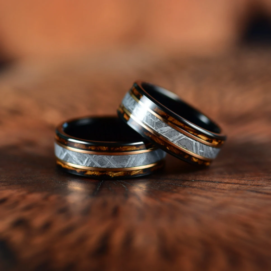 Black Tugsten Charred Whiskey Inlay Meteorite Men's Wedding Band - PRISTINE RINGS