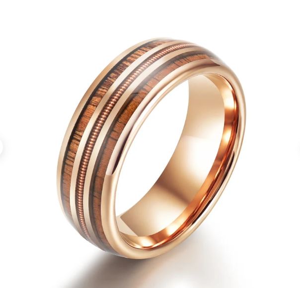 Whiskey Barrel Wood Guitar String Rose Tungsten Men's Wedding Band 8MM - PRISTINE RINGS