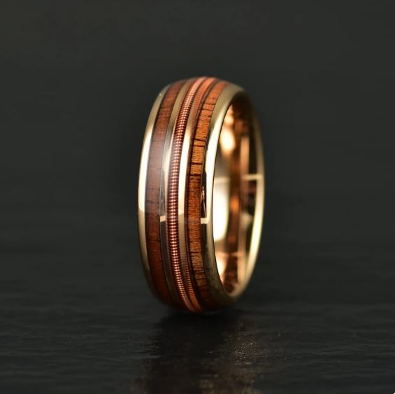 Whiskey Barrel Wood Guitar String Rose Tungsten Men's Wedding Band 8MM - PRISTINE RINGS