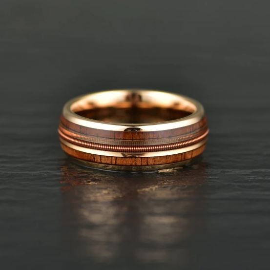 Whiskey Barrel Wood Guitar String Rose Tungsten Men's Wedding Band 8MM - PRISTINE RINGS