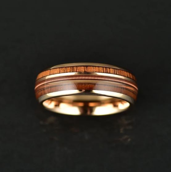 Whiskey Barrel Wood Guitar String Rose Tungsten Men's Wedding Band 8MM - PRISTINE RINGS