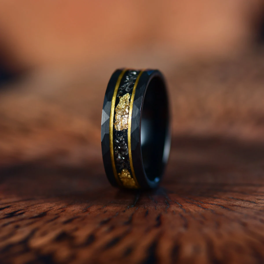 Gold Foil Tungsten and Meteorite Men's Wedding Band 8MM