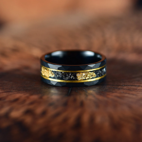 Gold Foil Tungsten and Meteorite Men's Wedding Band 8MM