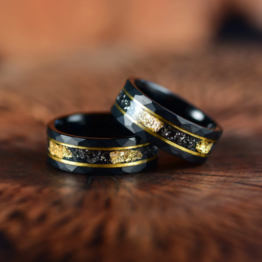Gold Foil Tungsten and Meteorite Men's Wedding Band 8MM