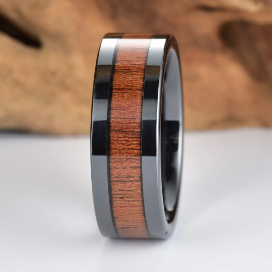 Rose Wood Black Ceramic Wedding Band 8MM - PRISTINE RINGS