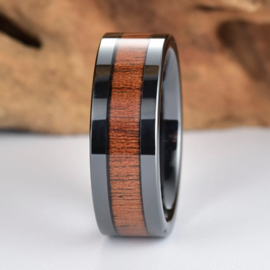 Rose Wood Black Ceramic Wedding Band 8MM