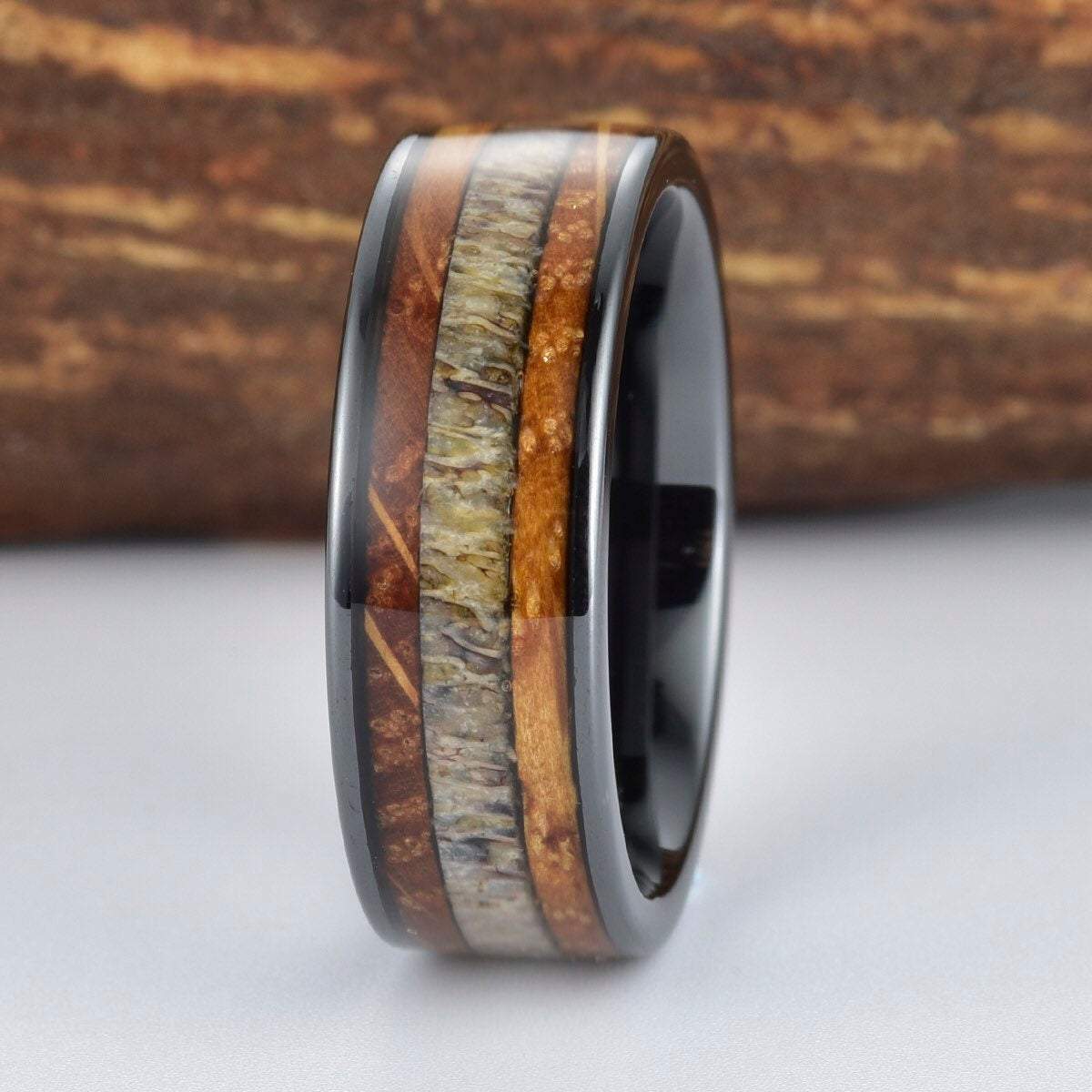 Whiskey Barrel Wood Antler Black Ceramic Ring Men's Wedding Band 8MM - PRISTINE RINGS