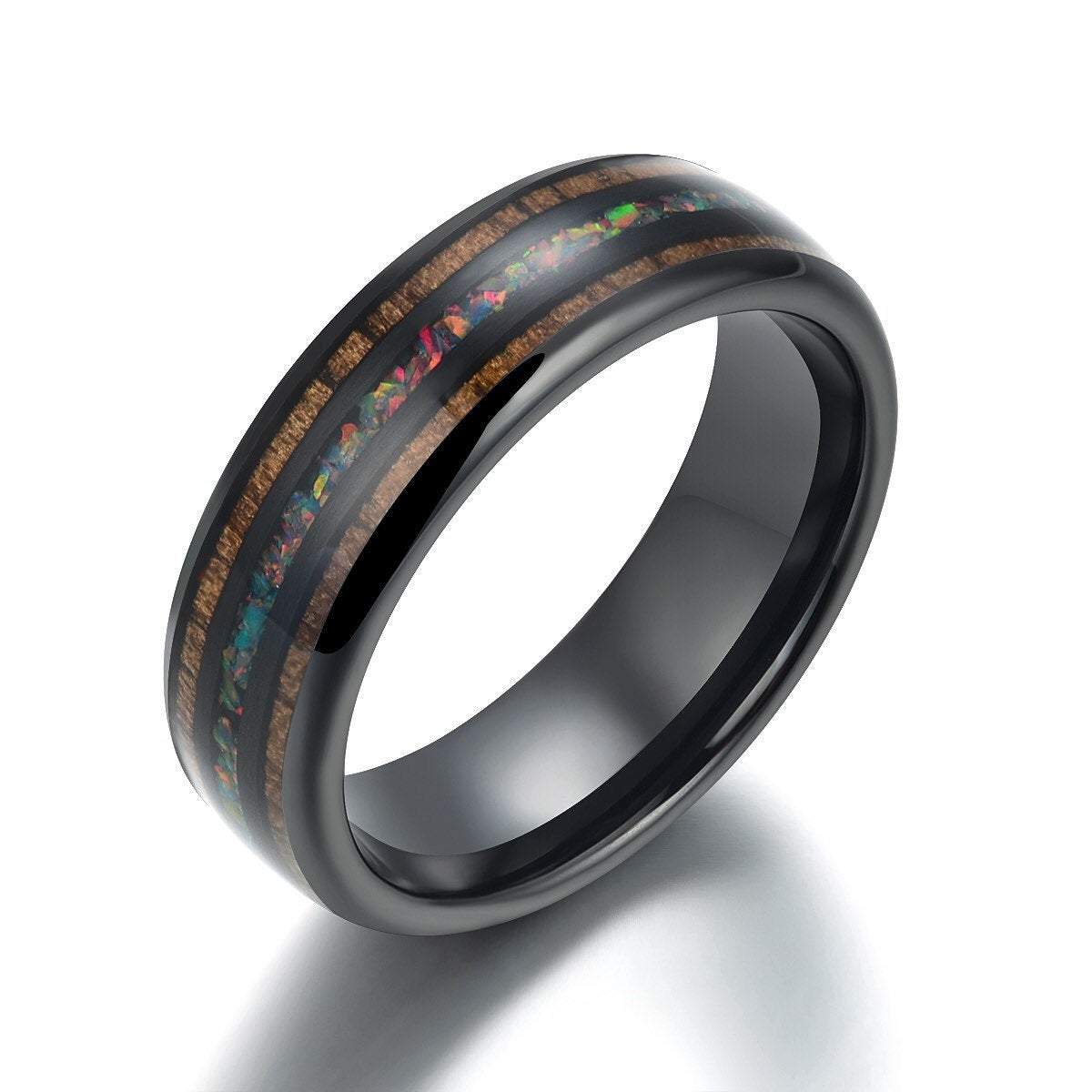Opal Koa Wood Black Ceramic Men's Wedding Band 8MM - PRISTINE RINGS